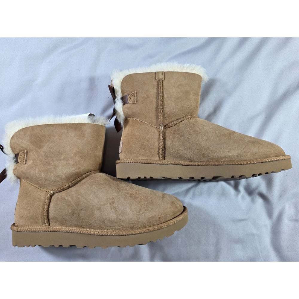 UGG Mini Bailey Bow II Women 7 Chestnut Suede Winter Boots 1016501 NEW